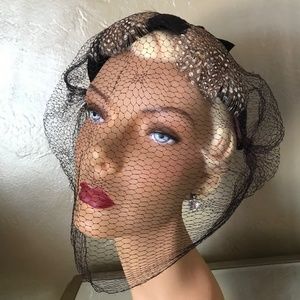 LOVELY 1950s' BROWN VELOUR JULIET CAP WITH FEATHERS AND FULL SPIDER VEIL
